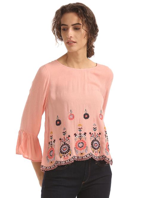 embroidered hem bell sleeve top - 17645605 - Very Small Image - 1