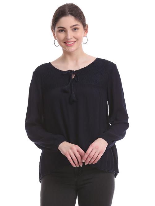 lace yoke crinkled top - 17645659 - Very Small Image - 1