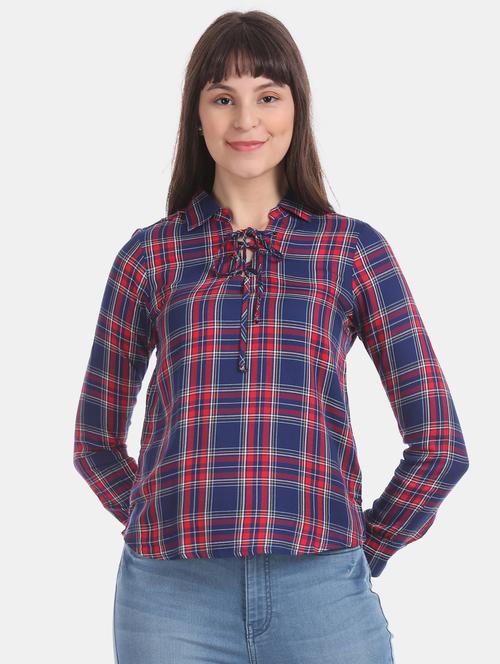 tie up neck checkered shirt - 17646076 - Very Small Image - 1