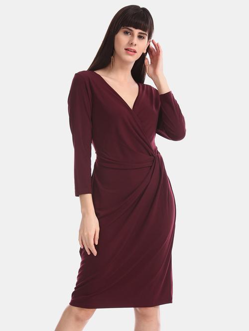overlap neck solid sheath dress - 17646514 - Very Small Image - 1