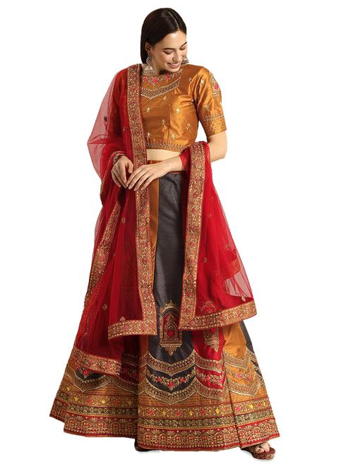 multi colored raw silk flared lehenga - 17649989 - Very Small Image - 1