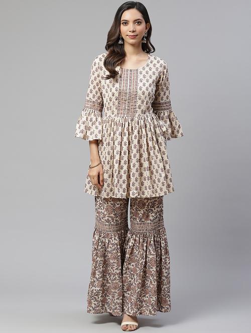 cream cotton kurta sharara set - 17652246 - Very Small Image - 1