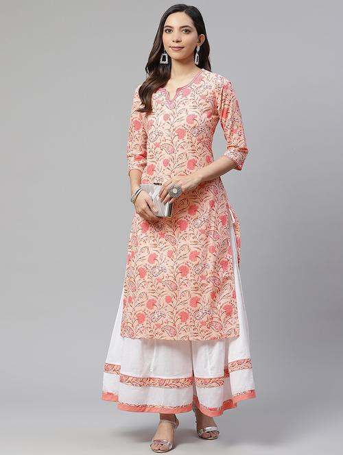 peach cotton kurta palazzo set - 17652247 - Very Small Image - 1