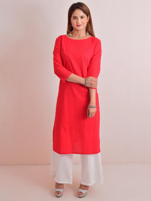 red cotton straight kurta - 17653868 - Very Small Image - 1