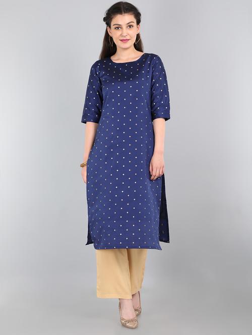 navy silk straight kurta - 17654876 - Very Small Image - 1
