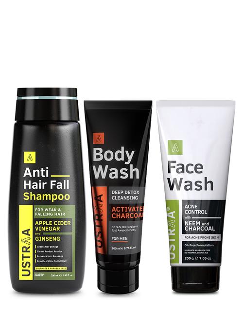 ustraa face wash neem & charcoal - 200g, body wash - activated charcoal - 200ml & anti hair fall shampoo - 250ml - 17654946 - Very Small Image - 1