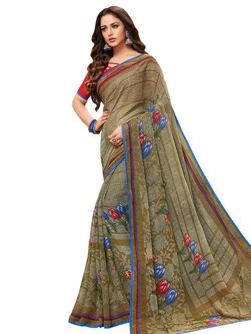 beige chiffon printed saree with blouse - 17661452 - Very Small Image - 1