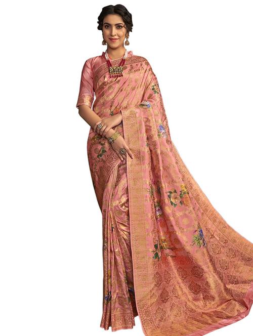 pink crepe printed saree with blouse - 17661490 - Very Small Image - 1