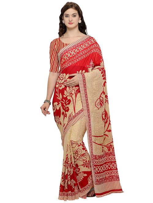 red georgette printed saree with blouse - 17661544 - Very Small Image - 1