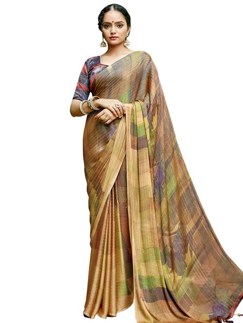 beige chiffon printed saree with blouse - 17661715 - Very Small Image - 1
