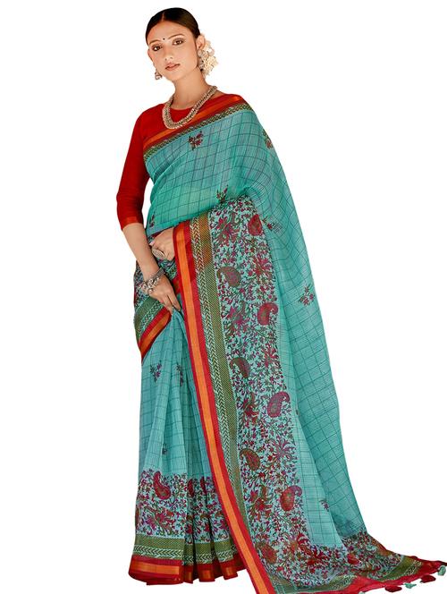 checkered printed saree with blouse - 17662073 - Very Small Image - 1