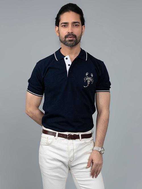 navy blue printed polo t-shirt - 17662218 - Very Small Image - 1