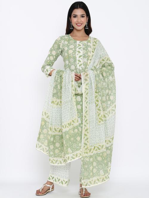 green cotton kurta dupatta set - 17665728 - Very Small Image - 1