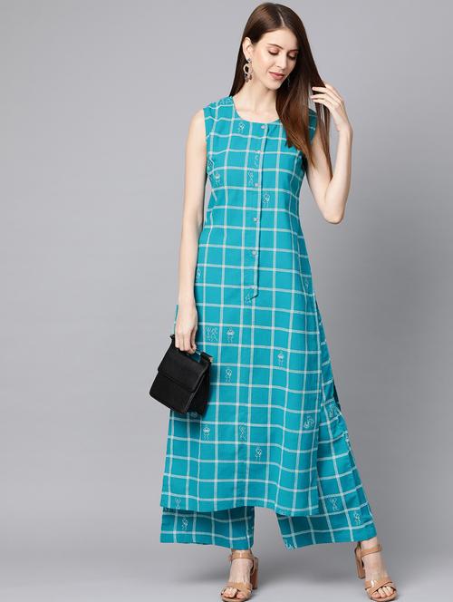 turquoise cotton kurta palazzo set - 17668632 - Very Small Image - 1