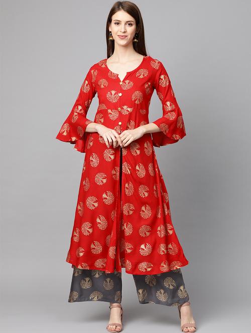 red rayon kurta palazzo set - 17668633 - Very Small Image - 1