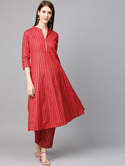 red cotton kurta pant set - 17668645 - Very Small Image - 1
