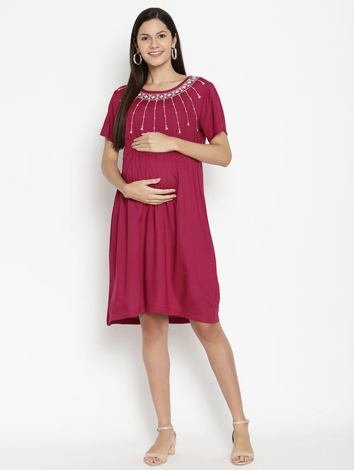 round neck solid maternity wear dress - 17669053 - Very Small Image - 1