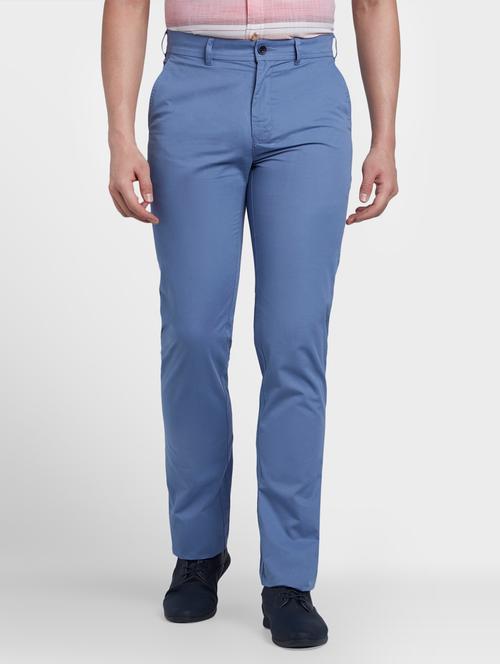 blue solid flat front casual trouser - 17669661 - Very Small Image - 1