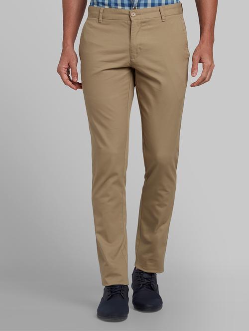 khaki solid flat front casual trouser - 17669953 - Very Small Image - 1