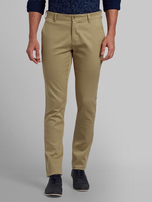 khaki solid flat front casual trouser - 17670066 - Very Small Image - 1