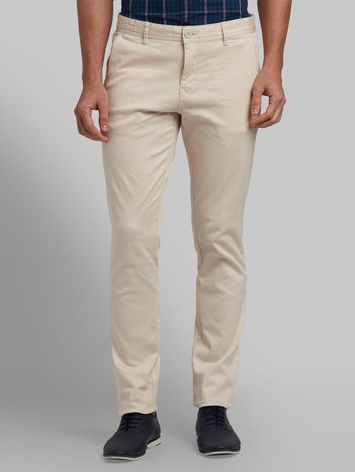 beige solid flat front casual trouser - 17670113 - Very Small Image - 1