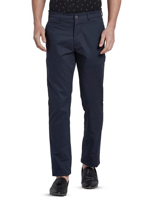 navy blue solid flat front casual trouser - 17670130 - Very Small Image - 1