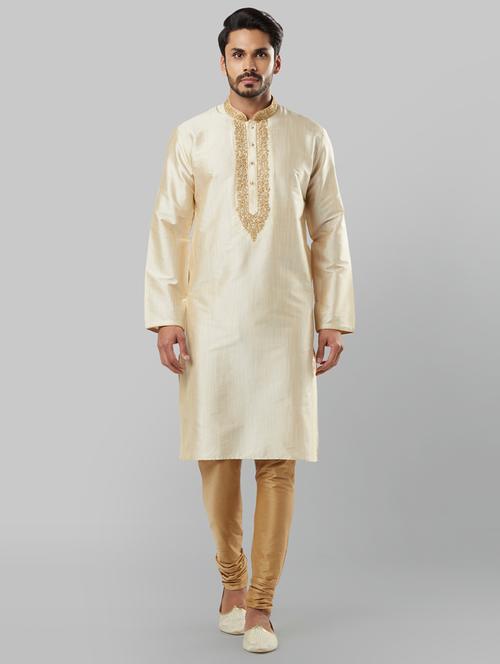 cream solid long kurta with embellished neckline - 17671305 - Very Small Image - 1