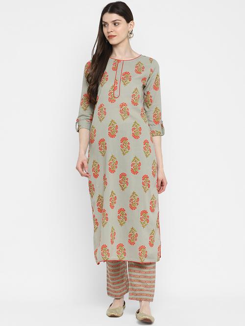 olive cotton straight kurta - 17675446 - Very Small Image - 1