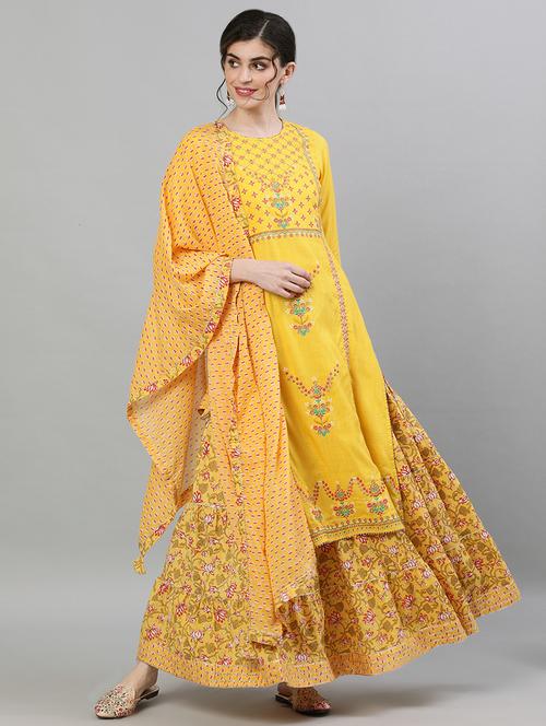 yellow rayon kurta skirt set - 17679505 - Very Small Image - 1