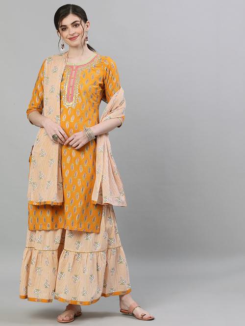 yellow cotton kurta sharara set - 17679510 - Very Small Image - 1