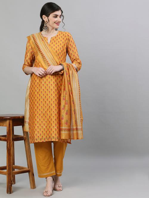 yellow chanderi kurta pant set - 17679519 - Very Small Image - 1