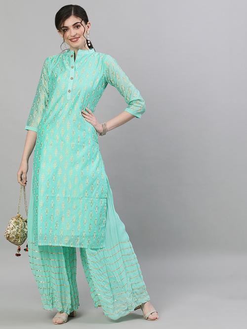 green chanderi kurta sharara set - 17679533 - Very Small Image - 1