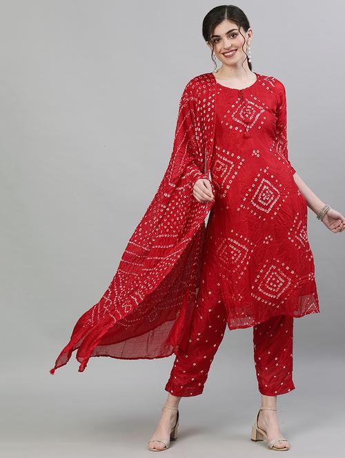 red silk kurta pant set - 17679552 - Very Small Image - 1