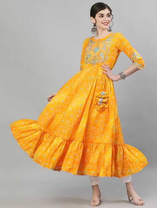 yellow rayon anarkali kurta - 17679970 - Very Small Image - 1