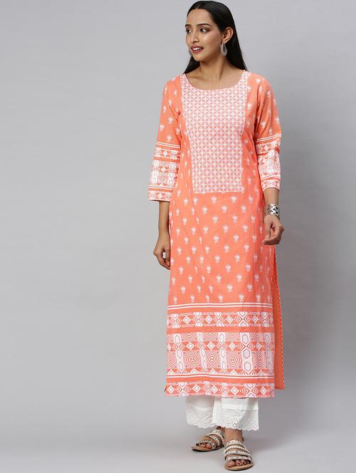 orange cotton straight kurta - 17680012 - Very Small Image - 1