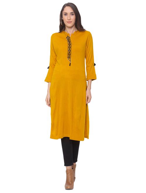 mustard cotton straight kurta - 17680524 - Very Small Image - 1