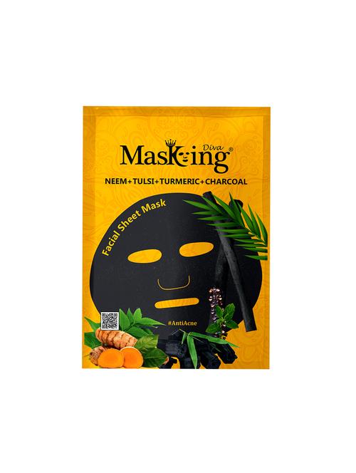 masking diva facial sheet mask of neem, tulsi, turmeric and charcoal extract for anti acne for women & men, 25ml (pack of 1) - 17680547 - Very Small Image - 1
