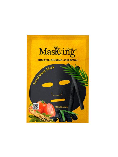 masking diva facial sheet mask of tomato, ginseng and charcoal extract for skin renewal for women & men, 25ml (pack of 1) - 17680548 - Very Small Image - 1