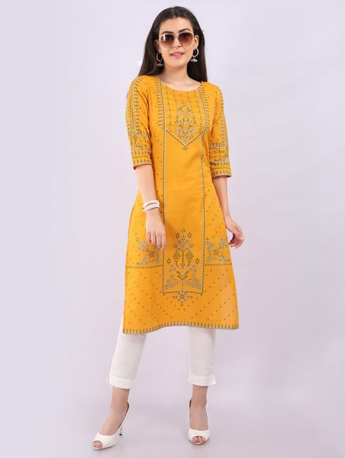 yellow rayon straight kurta - 17687936 - Very Small Image - 1