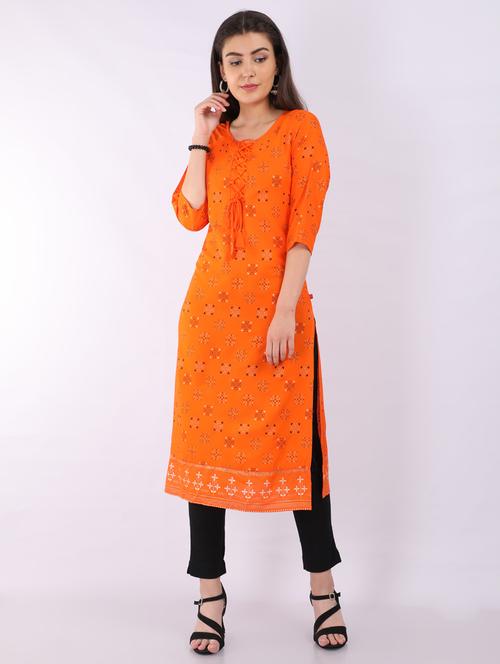 orange rayon straight kurta - 17687941 - Very Small Image - 1