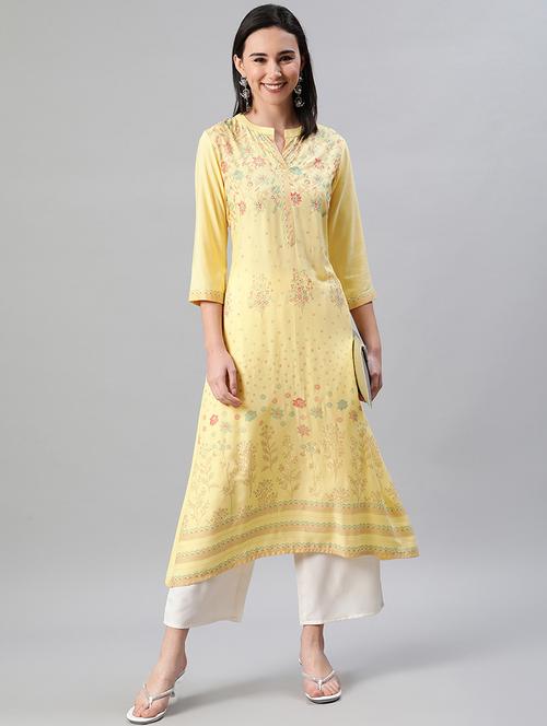 yellow rayon aline kurta - 17687996 - Very Small Image - 1