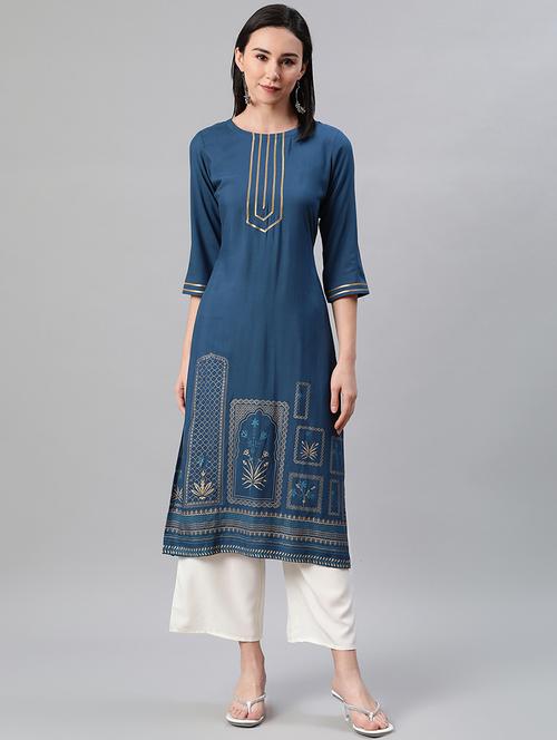 teal rayon aline kurta - 17688006 - Very Small Image - 1