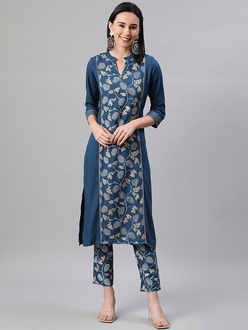 teal rayon straight kurta - 17688007 - Very Small Image - 1