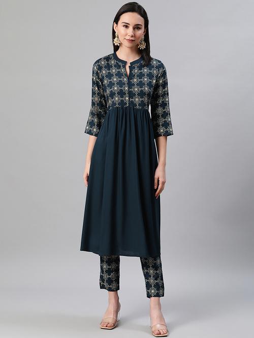 teal rayon flared kurta - 17688009 - Very Small Image - 1