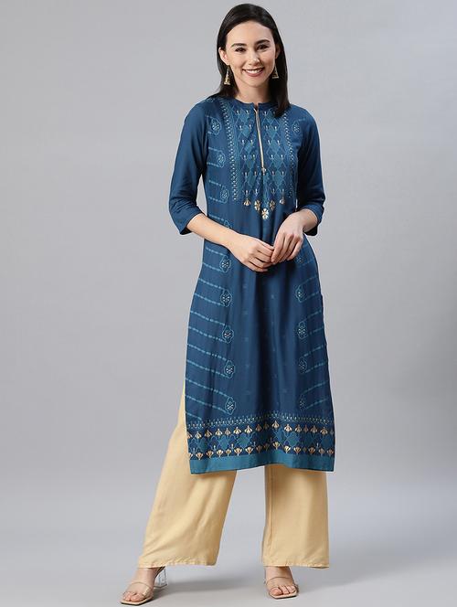 teal rayon straight kurta - 17688013 - Very Small Image - 1