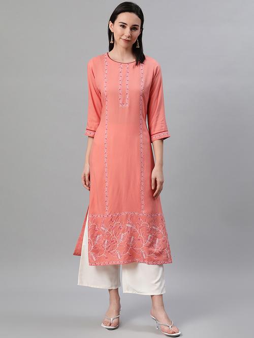 peach rayon straight kurta - 17688015 - Very Small Image - 1