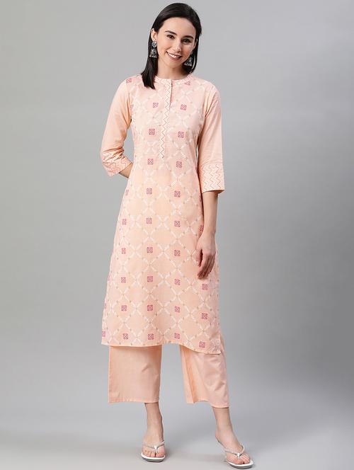 peach cotton straight kurta - 17688027 - Very Small Image - 1