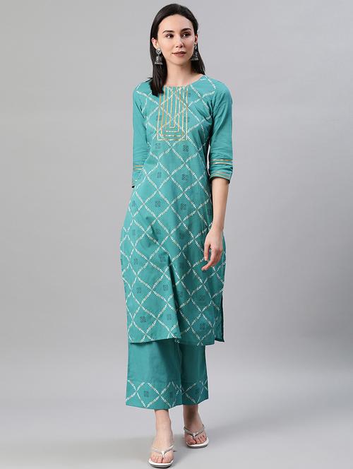 teal cotton straight kurta - 17688032 - Very Small Image - 1