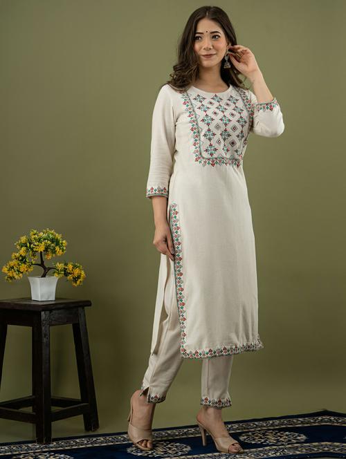yoke embroidered off-white kurta pant set - 17688737 - Very Small Image - 1