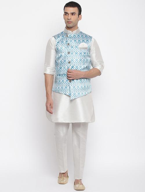 white solid kurta pyjama ethnic wear set with blue nehru jacket - 17688866 - Very Small Image - 1